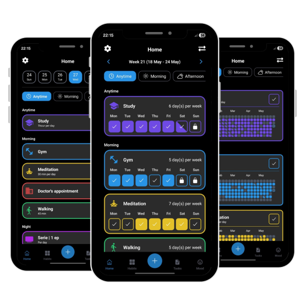 The HabitKai app shown on three phones: weekly habits, daily list and yearly progress